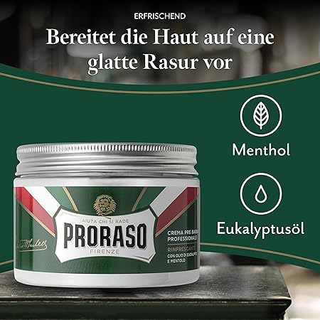 Proraso Pre Shave Cream, 300 ml, erfrischende und belebende Rasiercreme für die Anwendung vor der Rasur, mit Eukalyptusöl und Menthol, Made in Italy, Grün