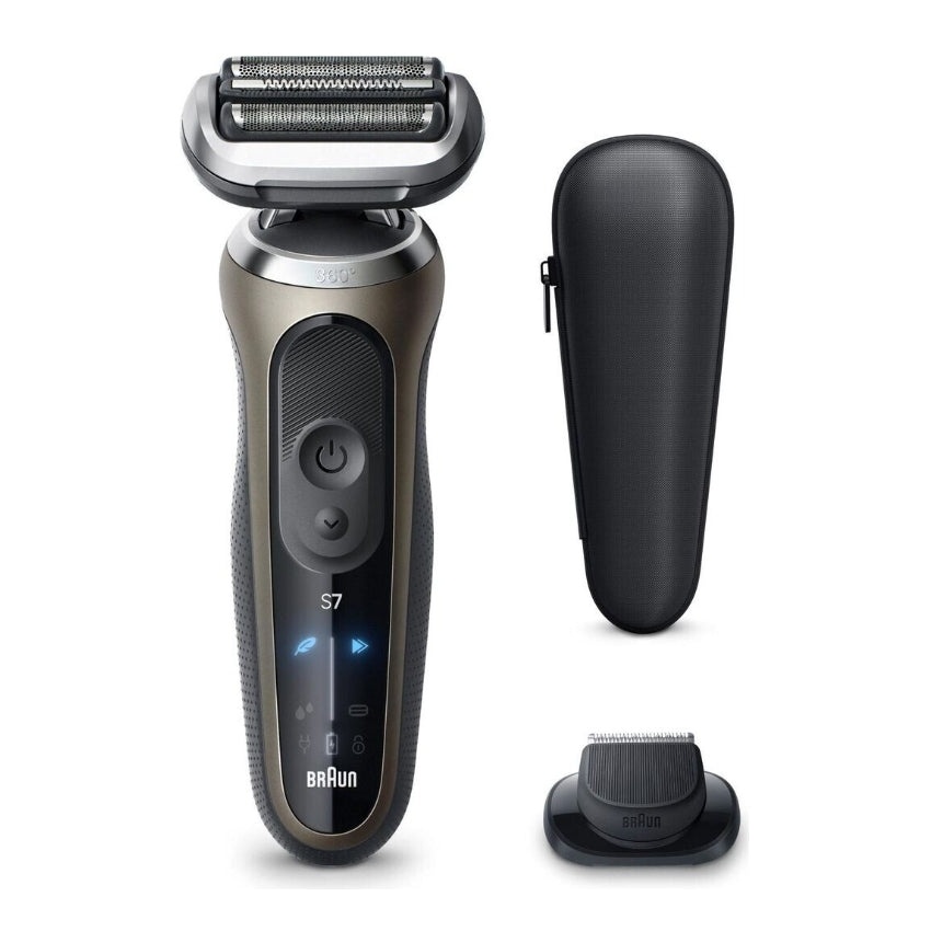 Braun Series 7 Glatzen Rasierer Herren, Elektrorasierer für Nass-& Trockenrasur und Glatzenrasierer / Kopfrasierer, Rasierapparat mit 60 Min. Akkulaufzeit, Wasserdicht, Gold