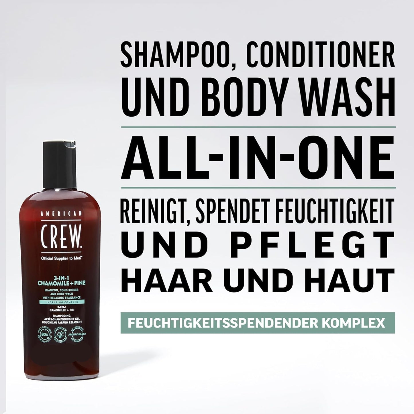 AMERICAN CREW – 3-in-1 Chamomile & Pine Shampoo, Conditioner & Body Wash, 1000ml, Pflegeshampoo und Duschgel für Männer, Produkt für die tägliche Reinigung von Körper und Haar