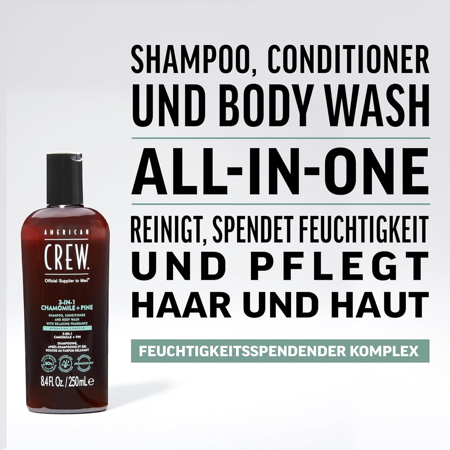 AMERICAN CREW – 3-in-1 Chamomile & Pine Shampoo, Conditioner & Body Wash, 250ml, Pflegeshampoo und Duschgel für Männer, Produkt für die tägliche Reinigung von Körper und Haar