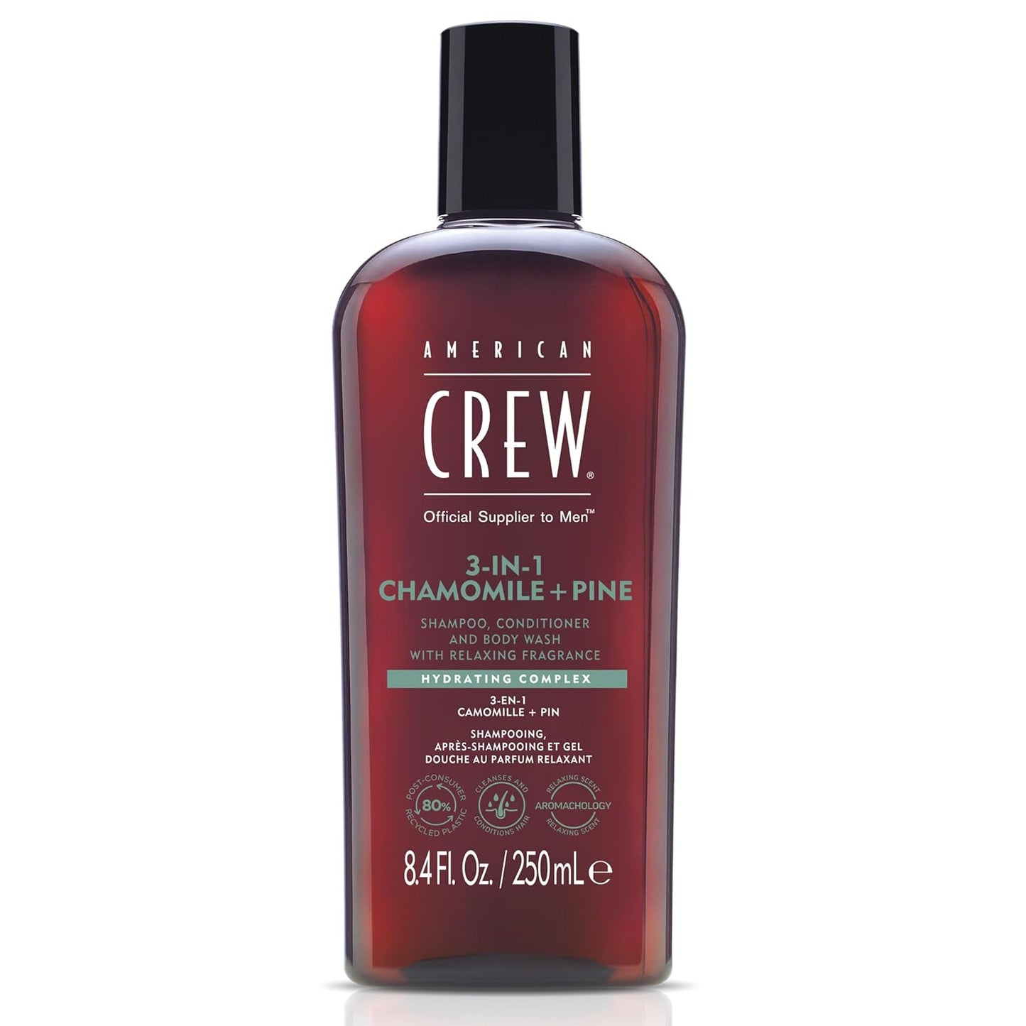 AMERICAN CREW – 3-in-1 Chamomile & Pine Shampoo, Conditioner & Body Wash, 250ml, Pflegeshampoo und Duschgel für Männer, Produkt für die tägliche Reinigung von Körper und Haar