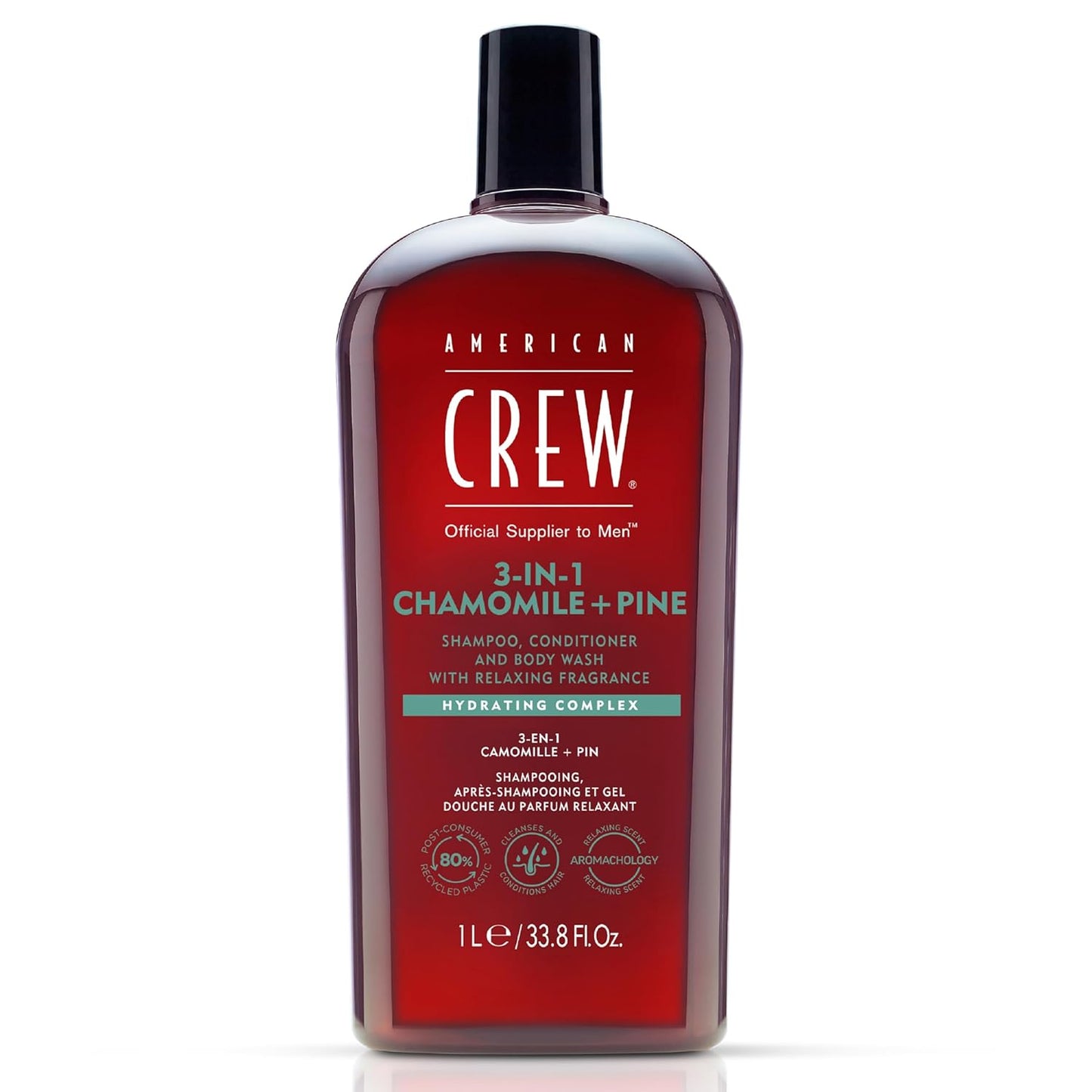AMERICAN CREW – 3-in-1 Chamomile & Pine Shampoo, Conditioner & Body Wash, 1000ml, Pflegeshampoo und Duschgel für Männer, Produkt für die tägliche Reinigung von Körper und Haar