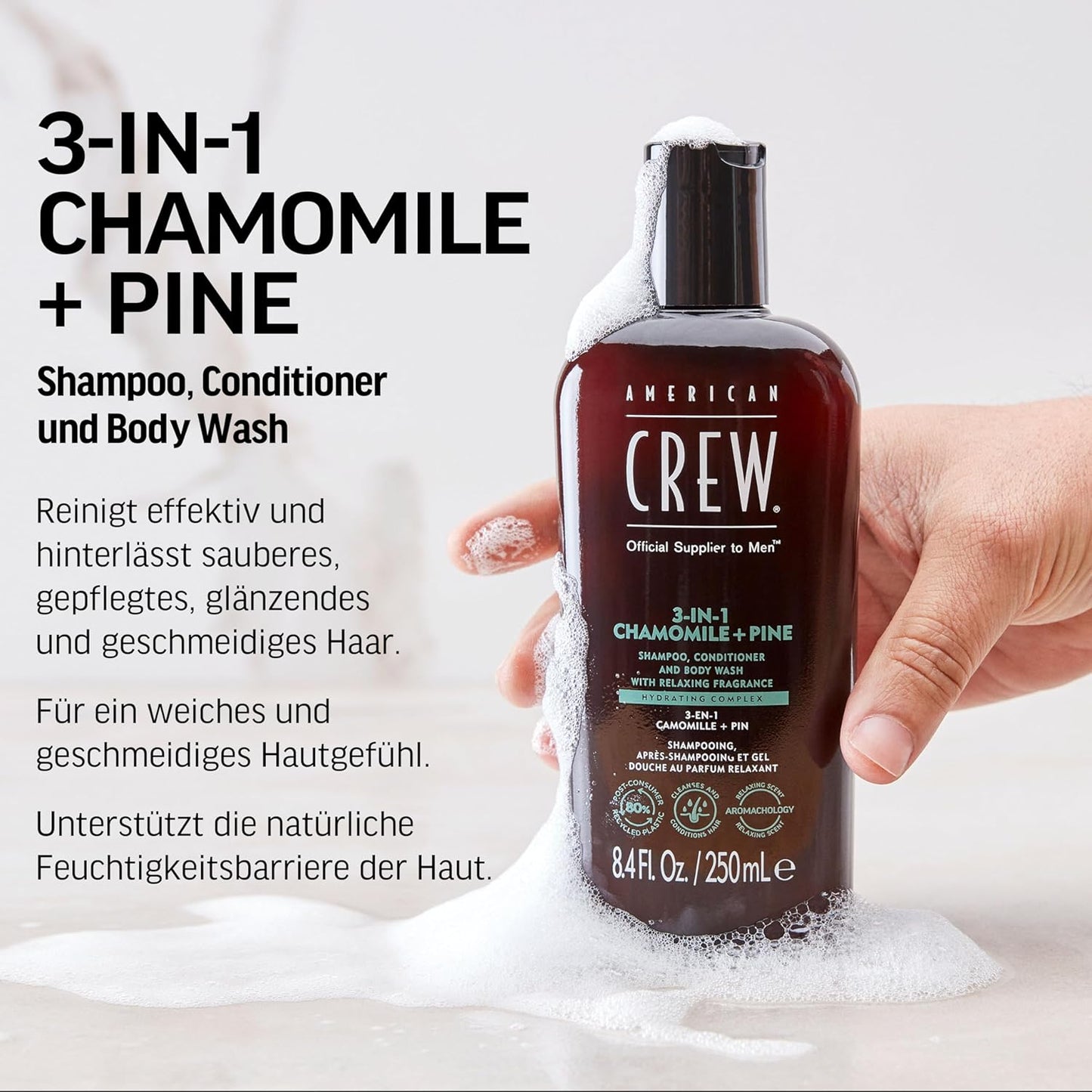 AMERICAN CREW – 3-in-1 Chamomile & Pine Shampoo, Conditioner & Body Wash, 250ml, Pflegeshampoo und Duschgel für Männer, Produkt für die tägliche Reinigung von Körper und Haar