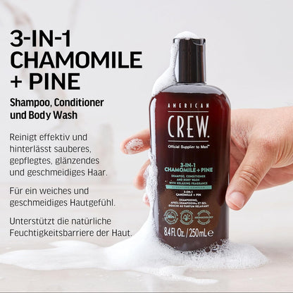 AMERICAN CREW – 3-in-1 Chamomile & Pine Shampoo, Conditioner & Body Wash, 250ml, Pflegeshampoo und Duschgel für Männer, Produkt für die tägliche Reinigung von Körper und Haar