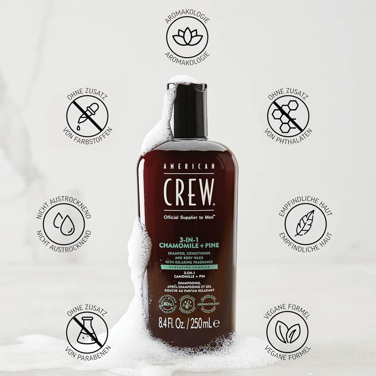 AMERICAN CREW – 3-in-1 Chamomile & Pine Shampoo, Conditioner & Body Wash, 250ml, Pflegeshampoo und Duschgel für Männer, Produkt für die tägliche Reinigung von Körper und Haar