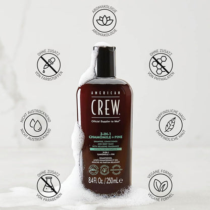 AMERICAN CREW – 3-in-1 Chamomile & Pine Shampoo, Conditioner & Body Wash, 250ml, Pflegeshampoo und Duschgel für Männer, Produkt für die tägliche Reinigung von Körper und Haar
