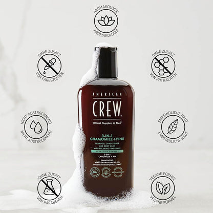 AMERICAN CREW – 3-in-1 Chamomile & Pine Shampoo, Conditioner & Body Wash, 1000ml, Pflegeshampoo und Duschgel für Männer, Produkt für die tägliche Reinigung von Körper und Haar