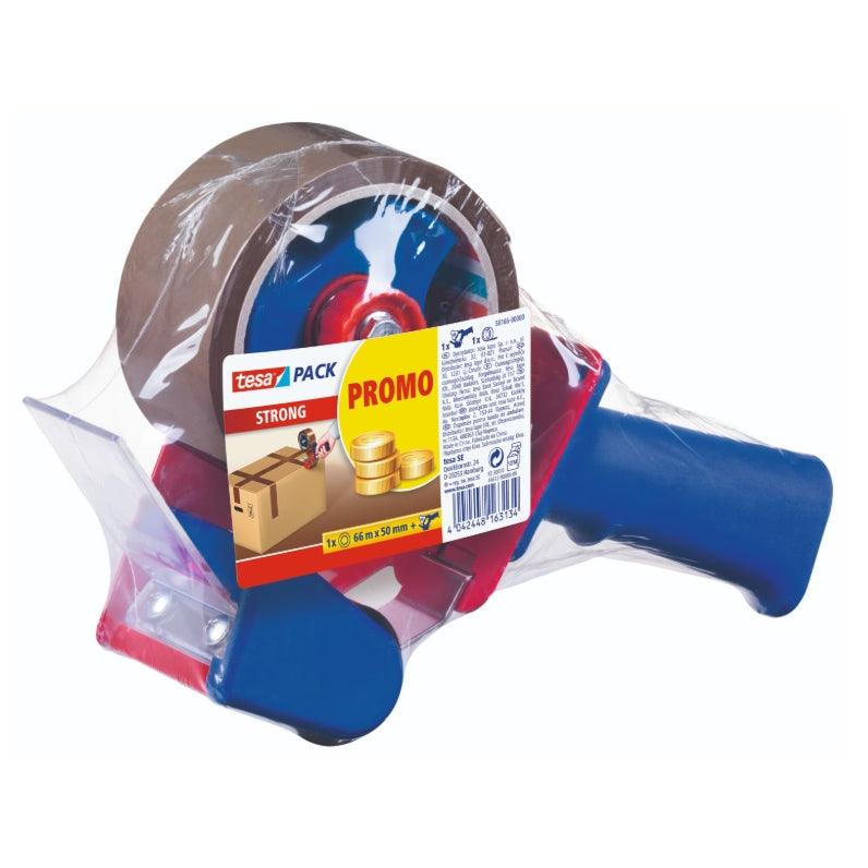 tesa tesapack Strong und Handabroller im Set mit 1 Rolle geräuscharmem Paketklebeband - Braun - 66 m x 50 mm