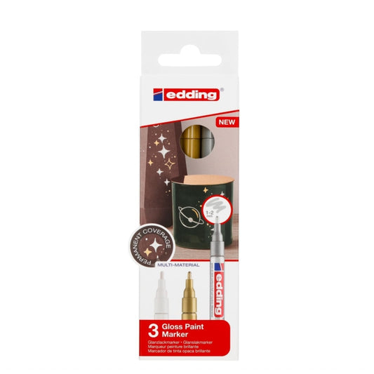 edding 751 Glanzlackmarker - weiß, gold, silber (metallic) - 3er Set Lackmarker - Rundspitze 1-2 mm - Lackstift für Glas, Stein, Holz, Kunststoff und Papier - wasserfest, stark deckend