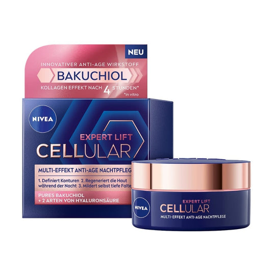 NIVEA Cellular Expert Lift Multi-Effekt Anti-Age Nachtpflege, feuchtigkeitsspendende Nachtcreme für eine jünger aussehende Haut, Anti-Age Gesichtscreme mit Hyaluronsäure (50 ml)