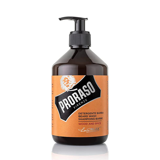 Proraso Beard Wash Wood & Spice, 500ml, duftendes Bartshampoo reinigt, pflegt und erfrischt Bart & Haut, Waschgel entfernt Verunreinigungen sanft, Made in Italy